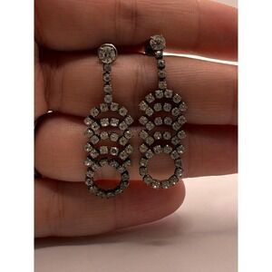 Vintage Clear Rhinestone Dangle Earrings Gunmetal Silver Tone Cocktail Drop
